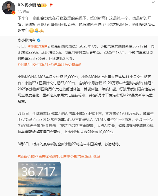 小鹏汽车7月交付36717台新车，创单月交付量历史新高！小鹏汽车董事长何小鹏：这是第一个也是新的开始