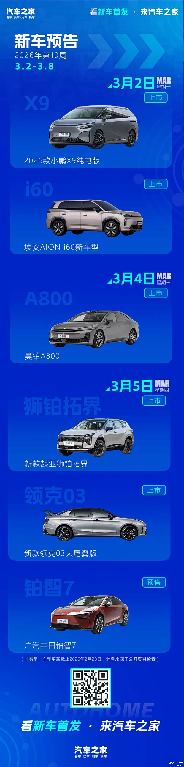 2026款小鹏X9纯电版/昊铂A800等 2026年第10周(3.2-3.8)新车预告